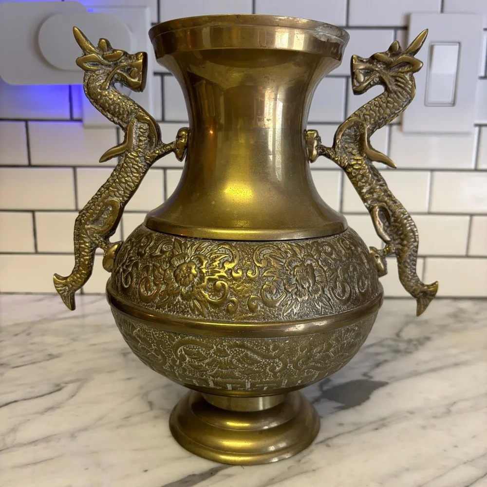 Vintage Brass Dragon Handles Floral Embossed Heavy Urn Style Vase Made in Korea